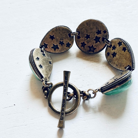 Lucky Brand Pave Faux Turquoise Cabochon Bracelet Antique Silver Tone Western - Picture 7 of 10